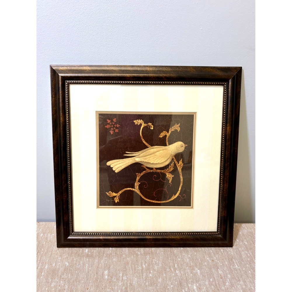Dark Romantic Framed Art "Snowbird Fresco"Chinoiserie Bird Lithograph Wall Decor